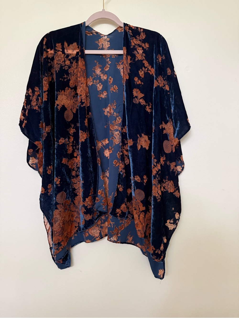 Velvet Floral Kimono Jacket in Navy and Rust - Women Jackets & Coats